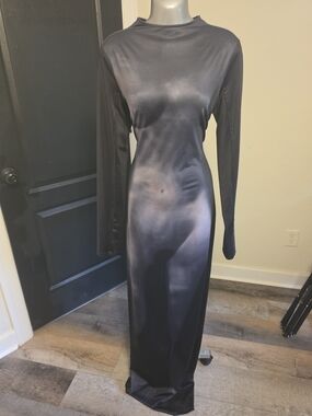 Sleek Long Sleeve Satin Maxi Dress - Charcoal